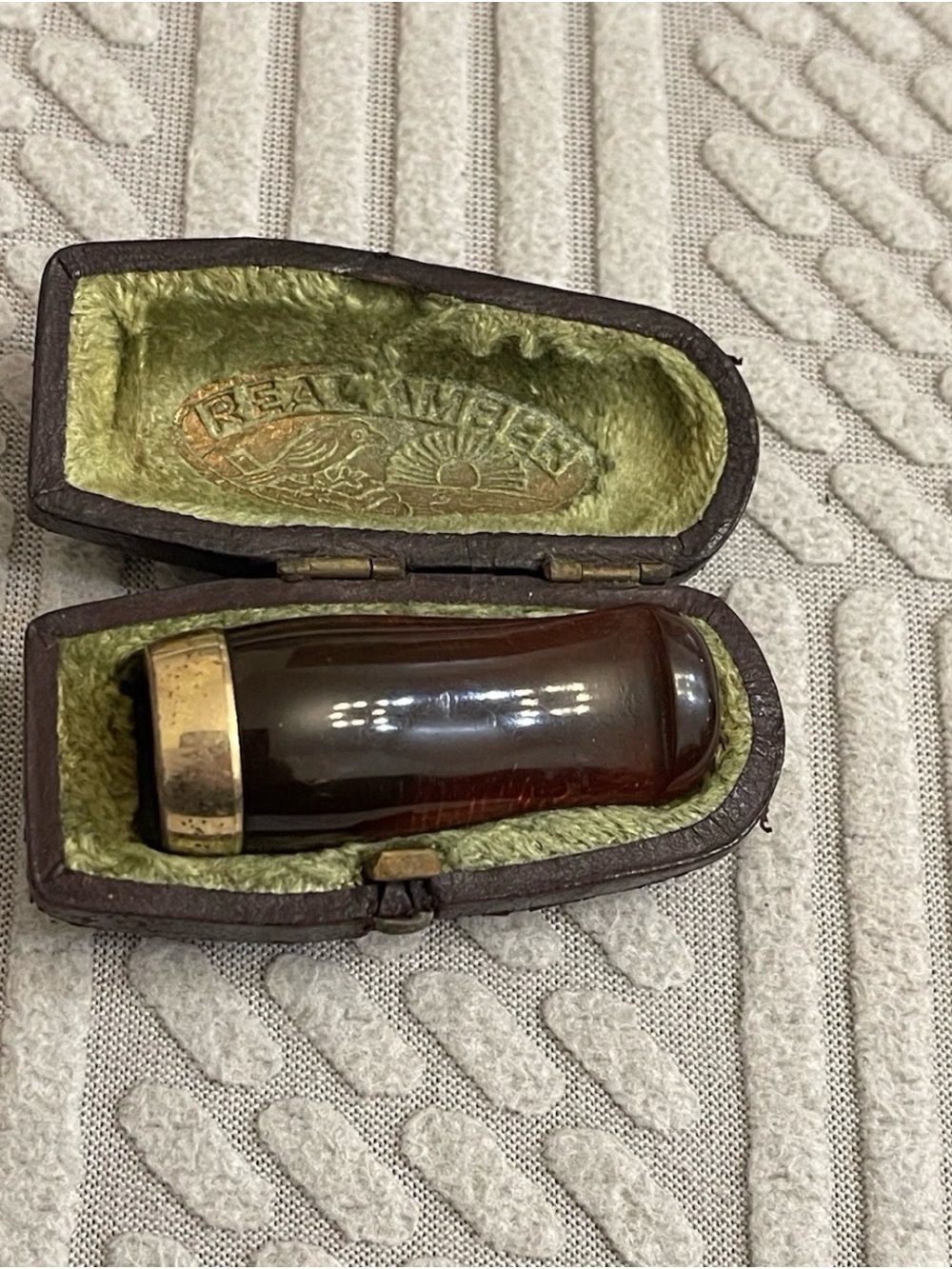 Antique Genuine Real Amber Cigar Holder Mouthpiece Case Stamped Sun Bird Logo 2